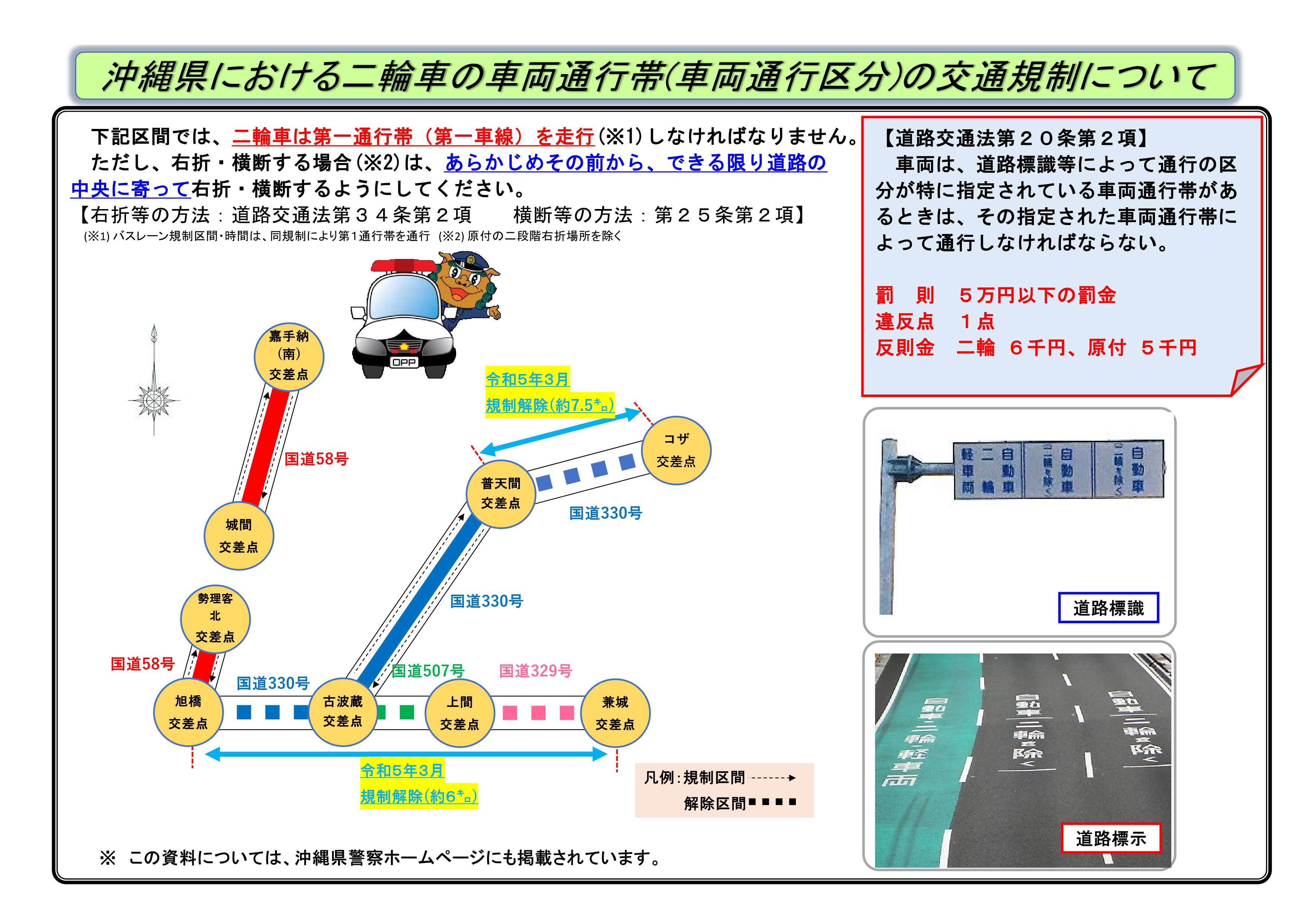 沖縄県における二輪車の車両通行帯(車両通行区分)の交通規制について